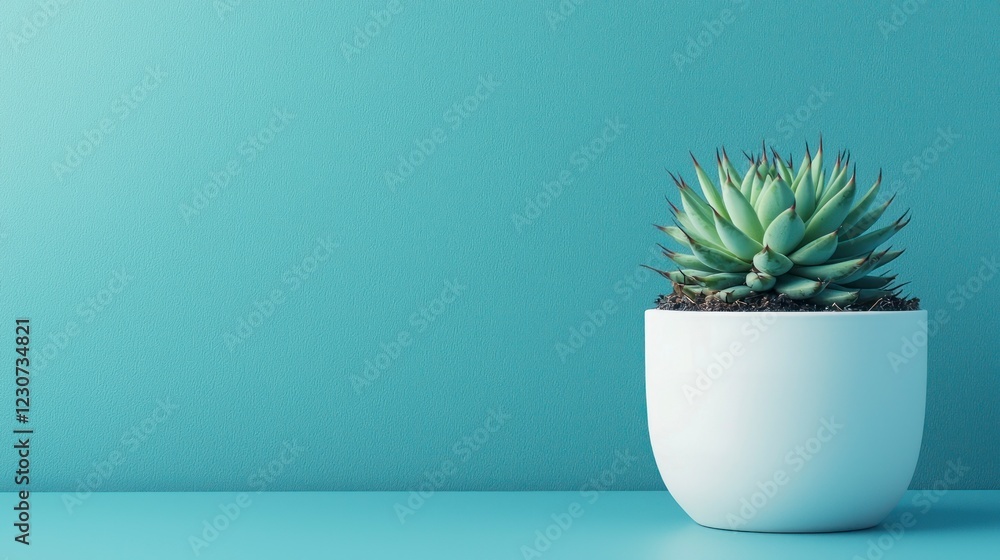 Potted succulent plant on a blue background with copy space Potted succulent plant on a blue background with copy space