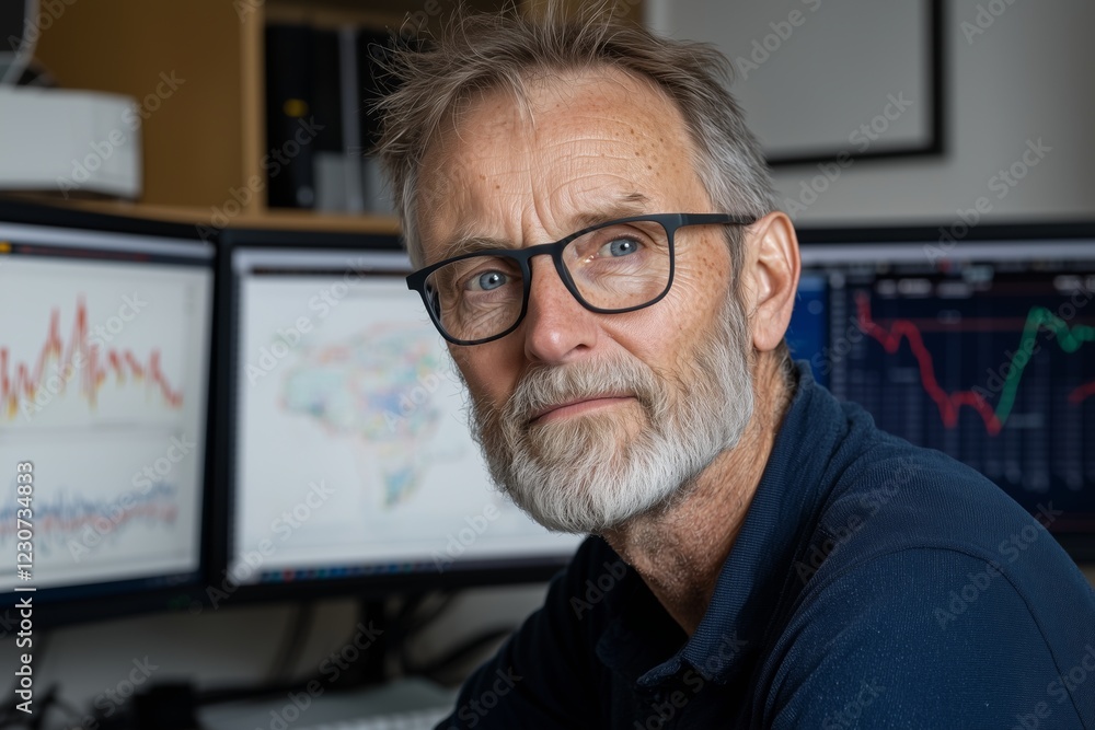 Mature man with glasses analyzing data on monitors in office setting Mature man with glasses analyzing data on monitors in office setting