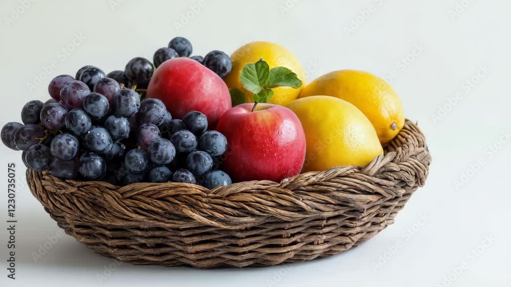 Fresh fruit basket with grapes, apples, and lemons on a rustic wicker tray Fresh fruit basket with grapes, apples, and lemons on a rustic wicker tray