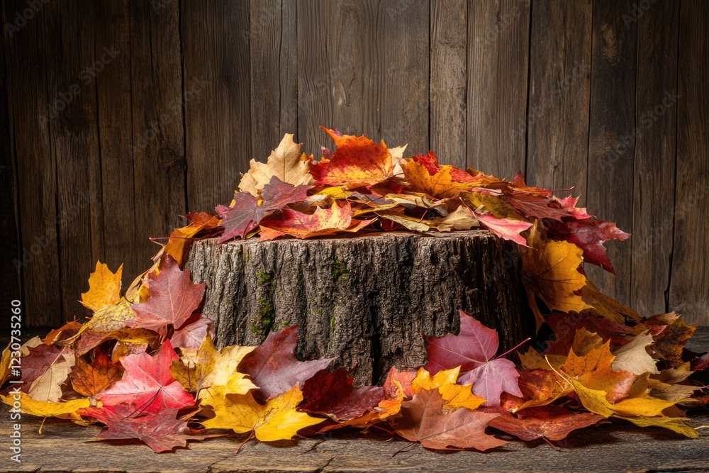 Obraz premium Autumn leaves in vibrant red, orange, and yellow hues rest on a weathered tree stump against a rustic wooden backdrop.