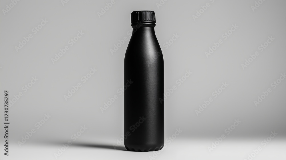 A sleek, matte black reusable water mockup bottle standing upright on a white background A sleek, matte black reusable water mockup bottle standing upright on a white background