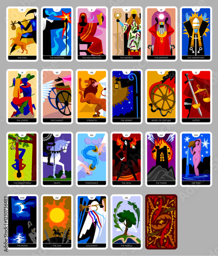 Full deck of Major Arcana of colorful Tarot playing cards. Vector illustration in modern cartoon minimalism flat style