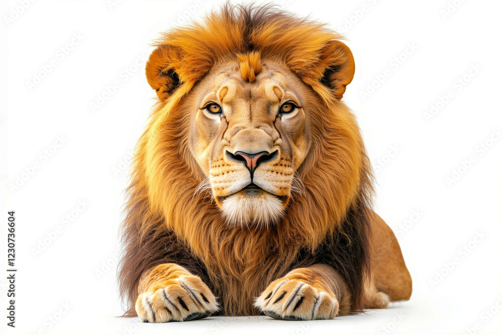 Fototapeta premium A lion laying down on a white background