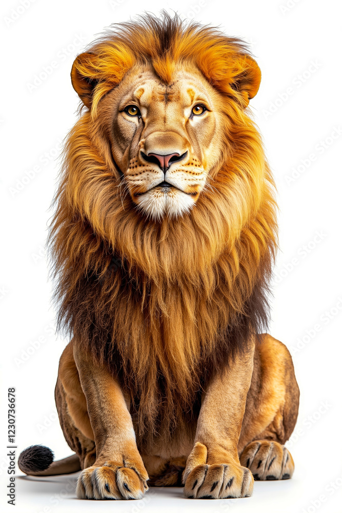 Obraz premium A lion sitting down on a white background