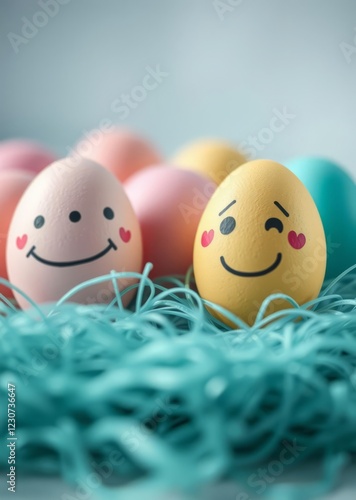 Pastel easter eggs with cute funny faces drawn on them minimalist photography easter photo easter egg holiday illustration celebration easter