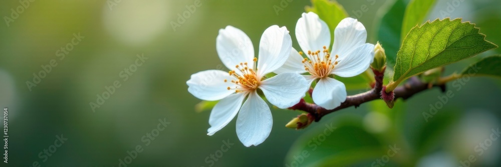 Fototapeta premium White petals on blackberry branch in full bloom, blossom, floral, closeup