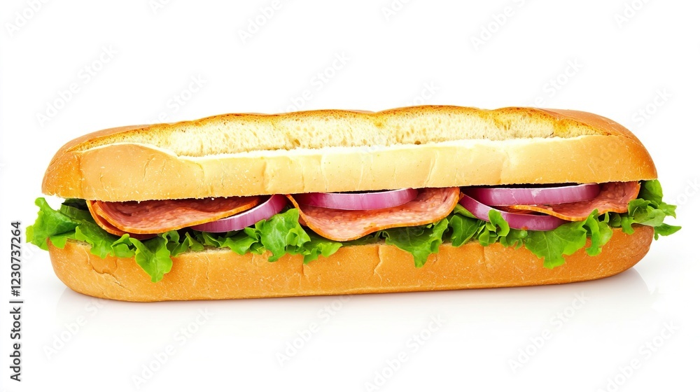Freshly Made Sub Sandwich with Lettuce, Onion, and Meat Layers
