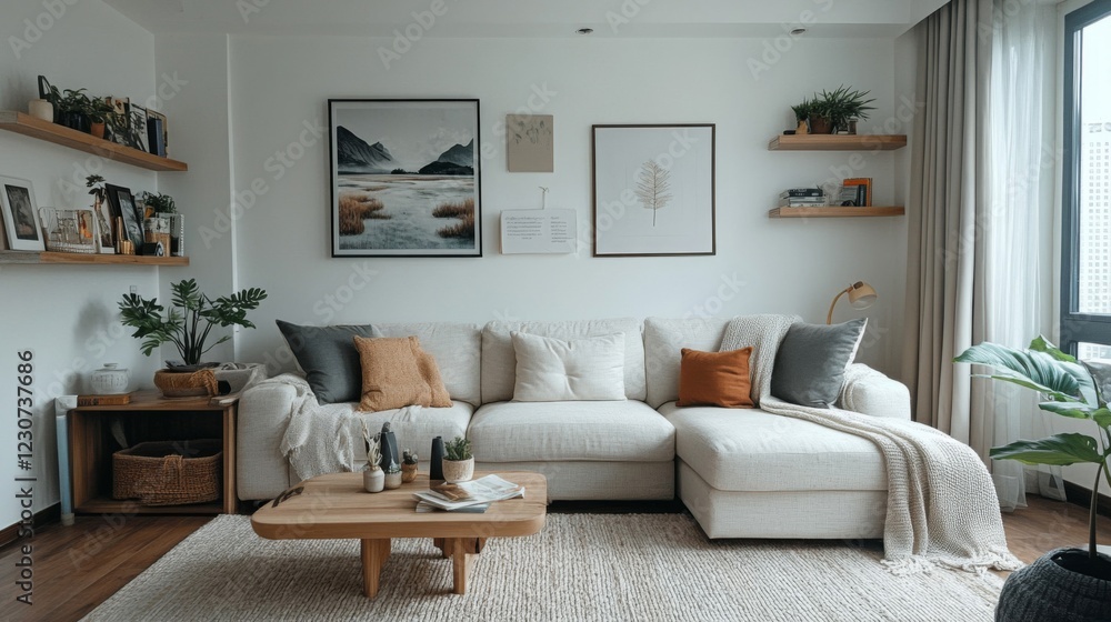 Fototapeta premium Bright Modern Living Room with White Sofa and Wooden Accents