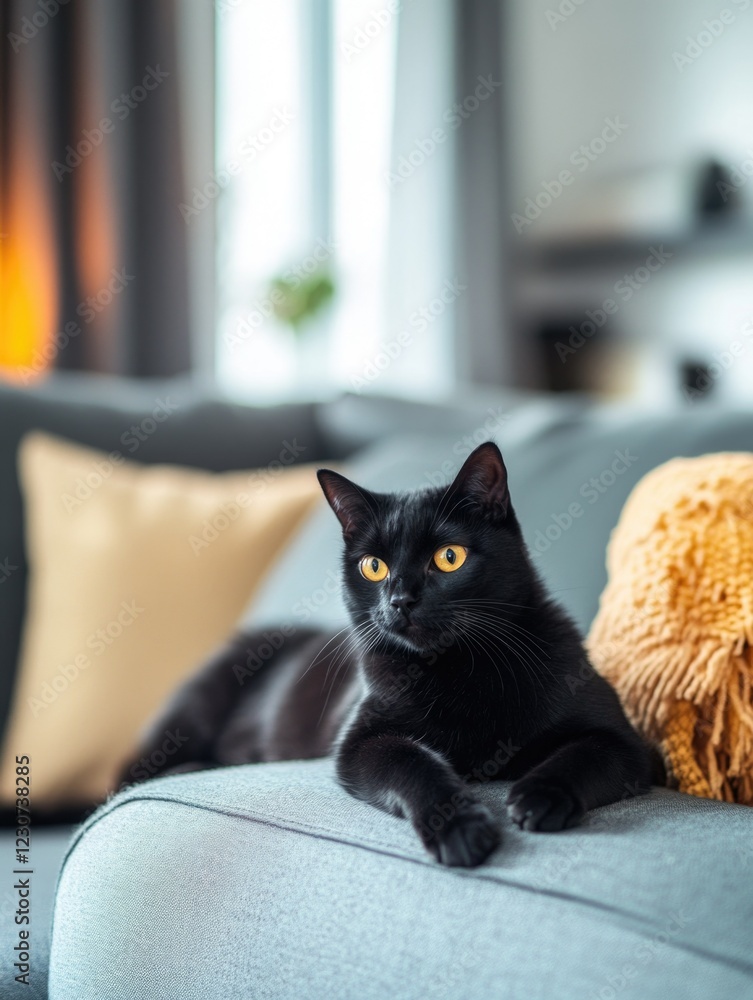 Stylish Black Cat Sitting on Sofa Stylish Black Cat Sitting on Sofa