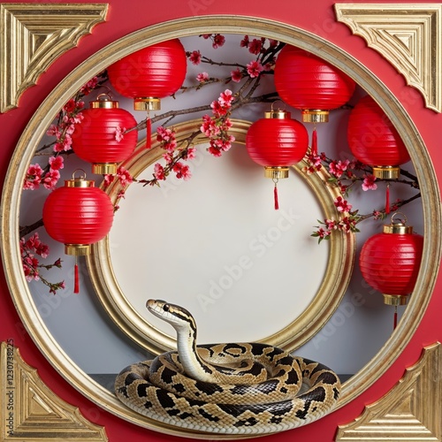 Circular Frame With Red Lanterns and Cherry Branches With Snake