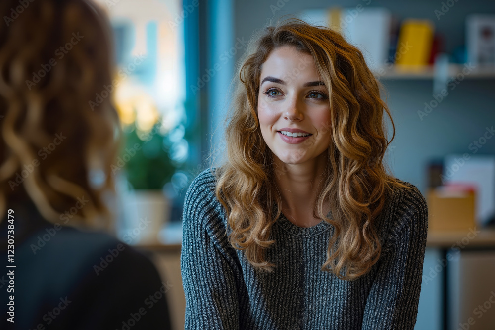 Fototapeta premium A woman sitting at a desk talking to another woman