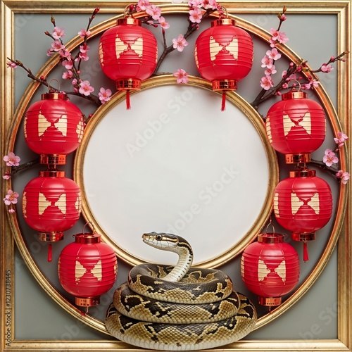 Circular Frame With Red Lanterns and Cherry Branches With Snake