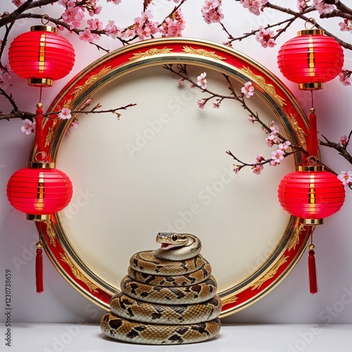 Circular Frame With Red Lanterns and Cherry Branches With Snake