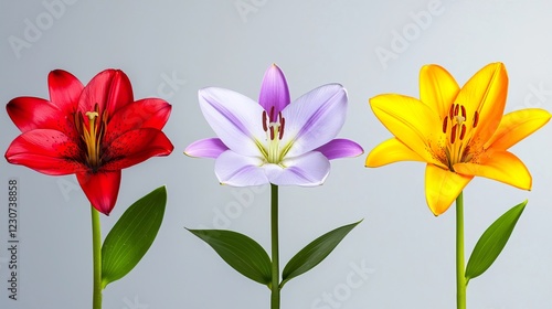 Vibrant Lilies in Red, Purple, and Yellow Against Light Background