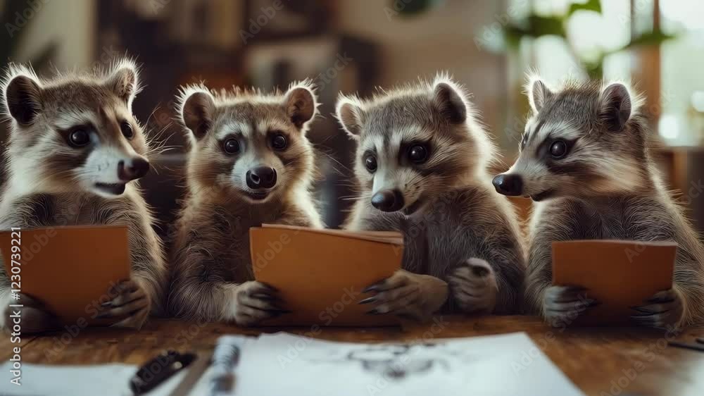 Curious raccoons reading and learning in cozy home environment Curious raccoons reading and learning in cozy home environment