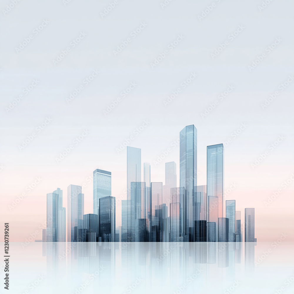 Abstract futuristic city skyline with clear, tall glass skyscrapers in pastel tones, symbolizing modern architecture, digital advancement, and urban innovation. Abstract futuristic city skyline with clear, tall glass skyscrapers in pastel tones, symbolizing modern architecture, digital advancement, and urban innovation.