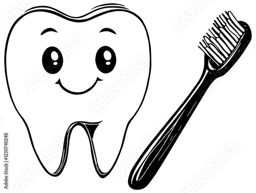 Cartoon tooth with toothbrush. Illustration in black, isolated 