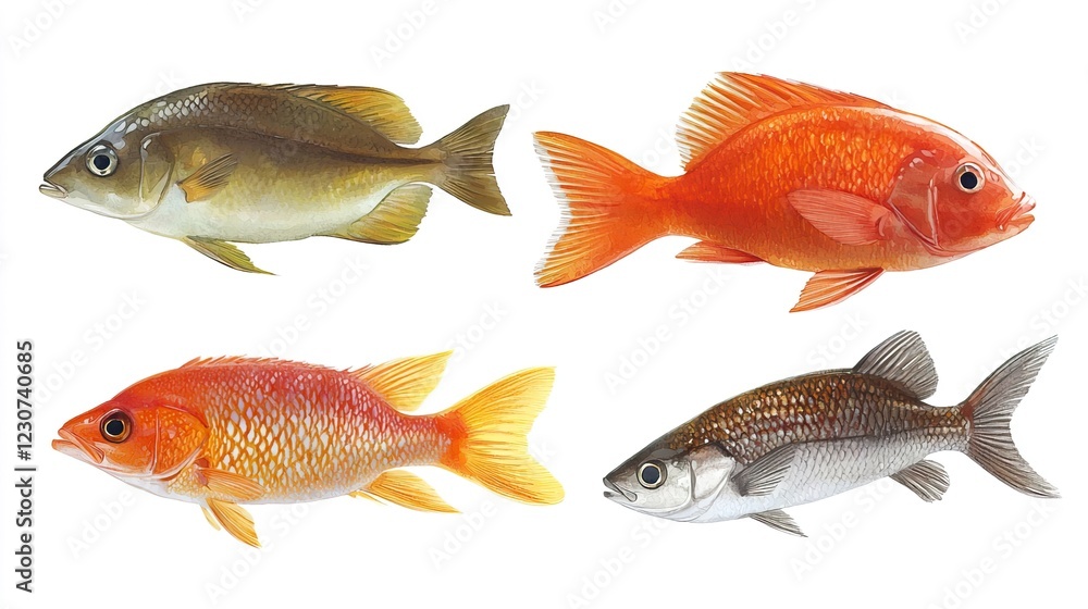 Colorful Collection of Freshwater Fish Species on White Background Colorful Collection of Freshwater Fish Species on White Background