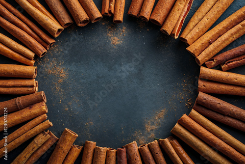 A circle of cinnamon sticks arranged in a circle on a black surface photo