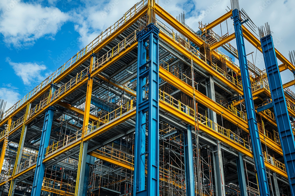 Steel framework of a building under construction, yellow and blue beams against a blue sky. Steel framework of a building under construction, yellow and blue beams against a blue sky.