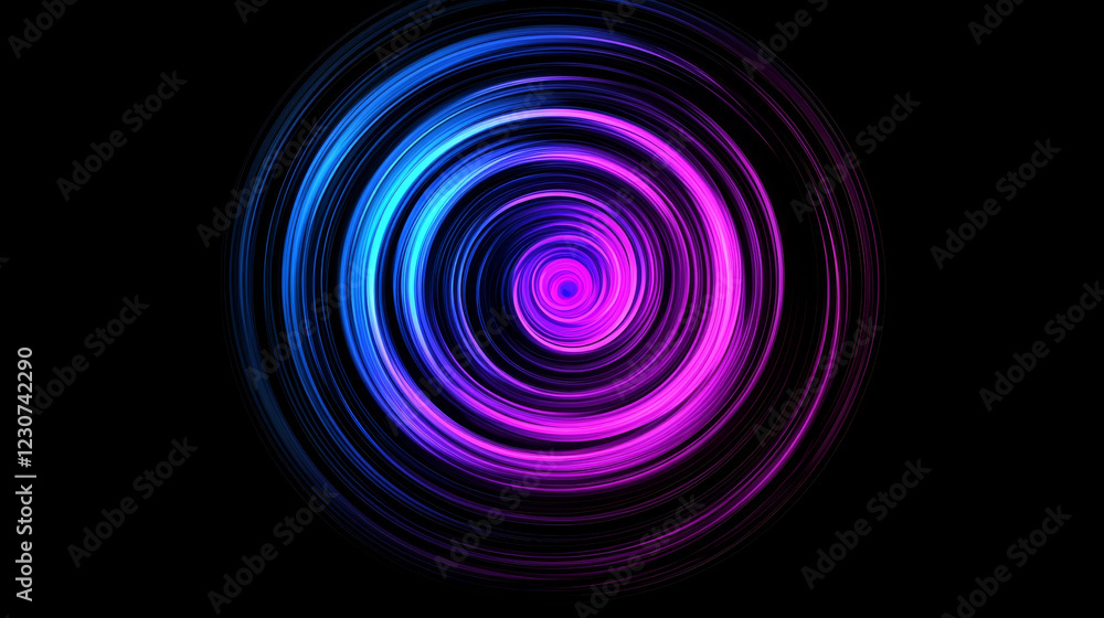 Abstract swirling neon circles; vibrant blue and purple hues on black. Abstract swirling neon circles; vibrant blue and purple hues on black.
