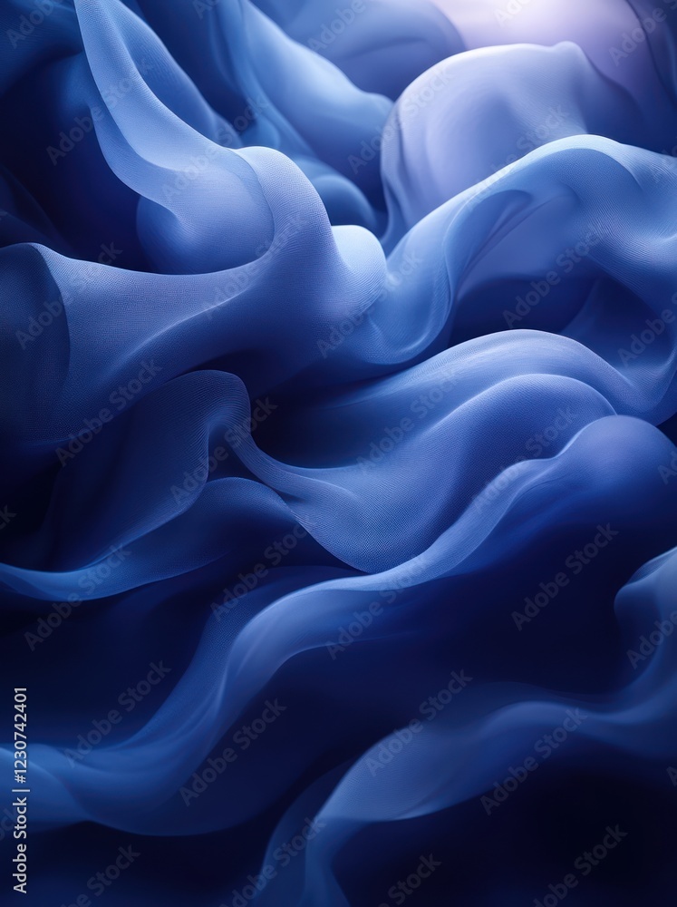 Fototapeta premium Blue silk fabric flowing, studio shot, dark background, textile design