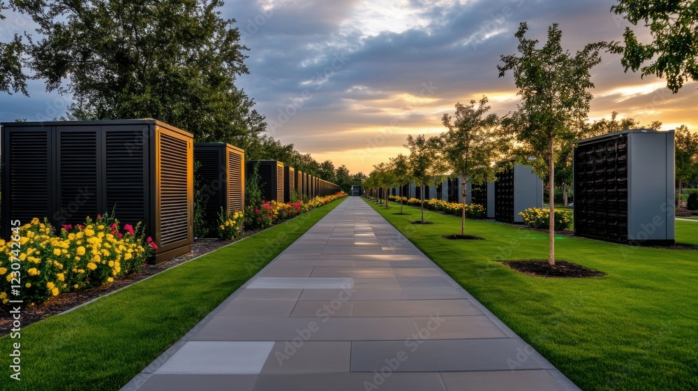 Obraz premium Serene Landscape with Flower Beds and Modern Storage Units Under Colorful Sunset Sky