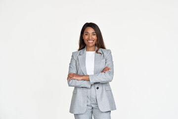 Happy African American female entrepreneur, smiling businesswoman woman office worker, business woman leader manager wearing suit standing arms crossed isolated on white background. Portrait