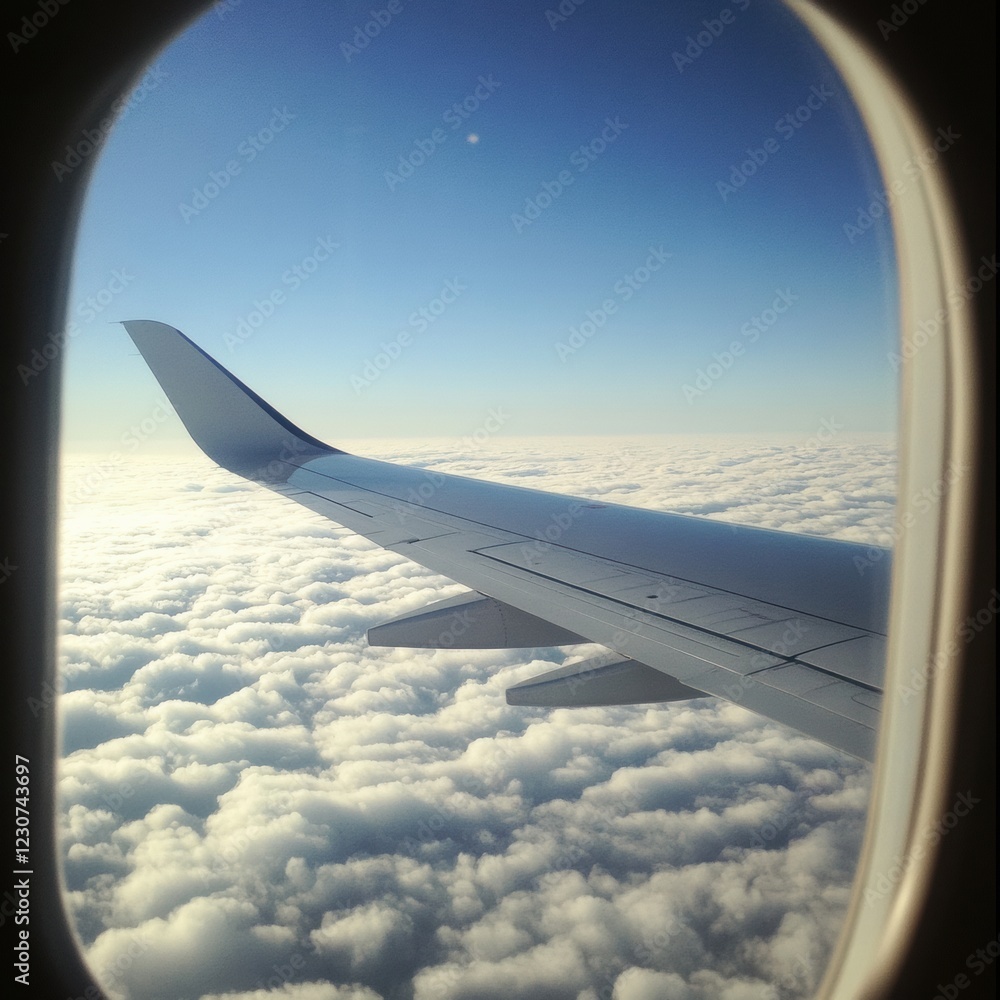 Obraz premium View of airplane wing soaring over fluffy clouds in bright blue sky. Generative AI