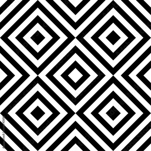 Geometric black and white diamond pattern. Repeating design of intersecting lines creating nested squares.