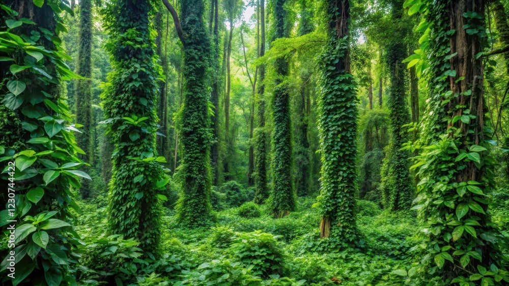 Obraz premium Dense jungle foliage with vibrant green leaves and vines covering tree trunks , overgrowth, tree cover