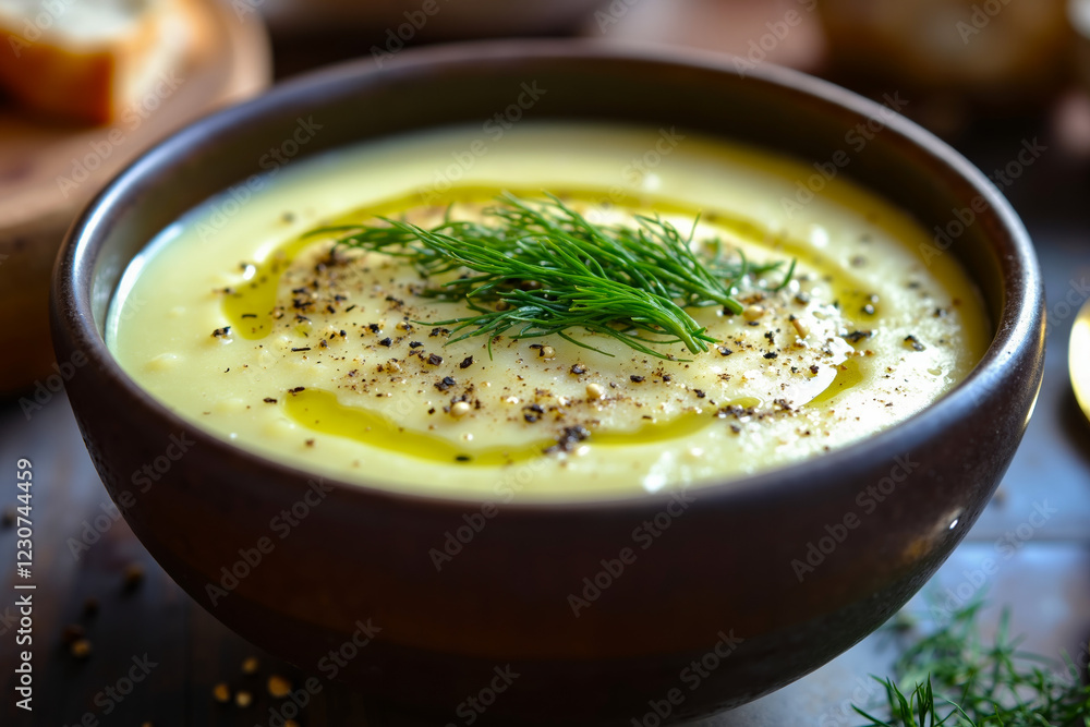 A bowl of soup with dill and bread on a table A bowl of soup with dill and bread on a table