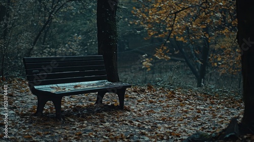 Autumnal Solitude: A park bench sits silently beneath the canopy of a misty autumn forest, leaves carpeting the ground around it. photo