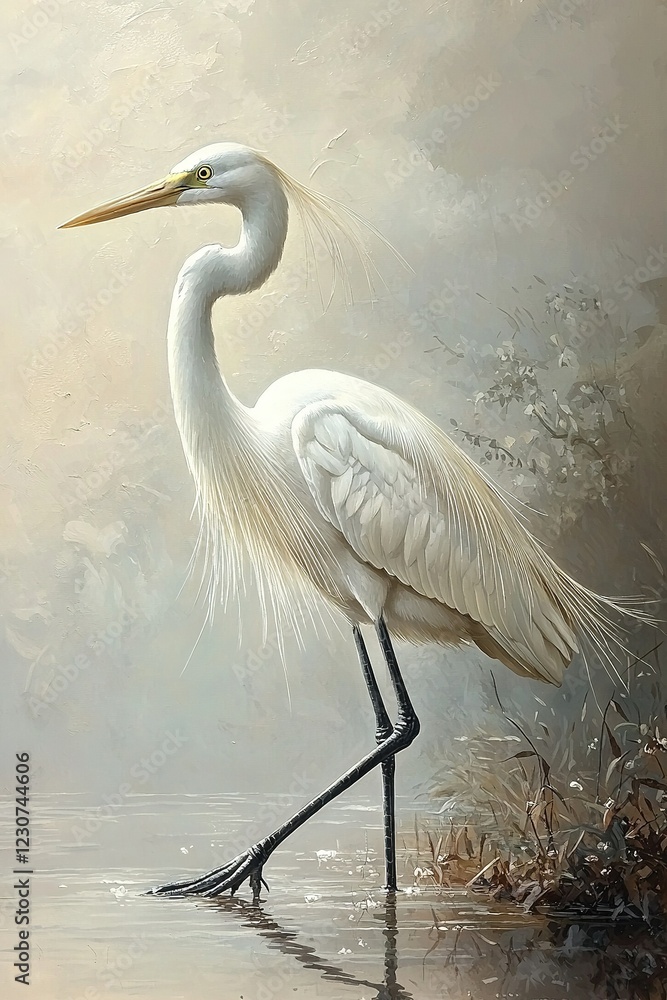 Fototapeta premium A stunning portrait of a graceful white bird perched on the edge of a tranquil lake, surrounded by lush green foliage and vibrant blooms