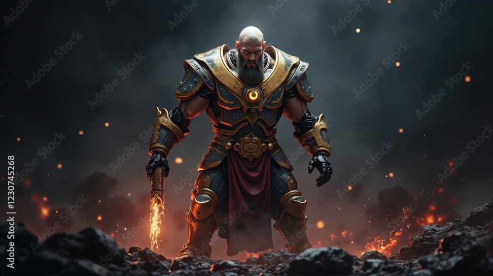 Fototapeta premium Powerful fantasy warrior holding glowing mace in burning battlefield