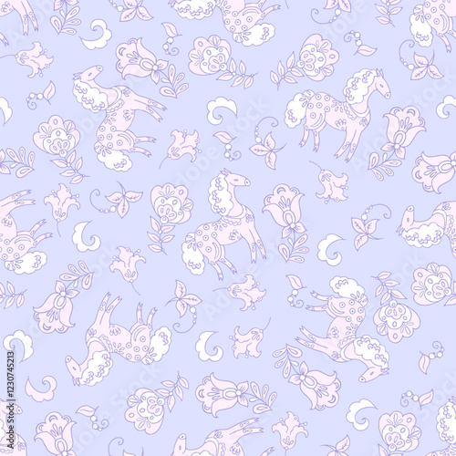 Cute ethnic horses seamless vector pattern. Baby background