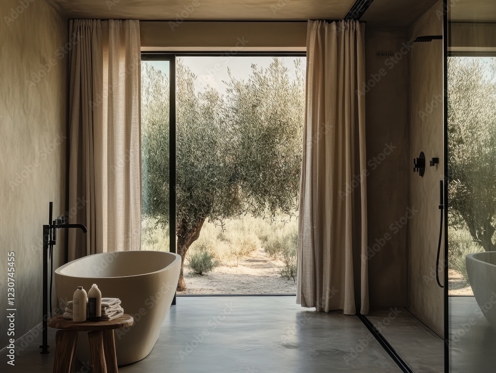 Fototapeta premium A bathroom with a bathtub and a shower. The bathtub is white and the shower is black