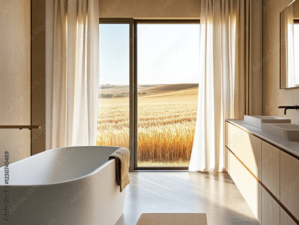 Fototapeta premium A bathroom with a bathtub and a window. The window has curtains and the bathroom has a view of a field