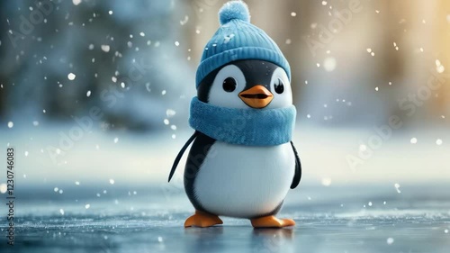 Adorable penguin sliding across icy surface with cozy winter hat