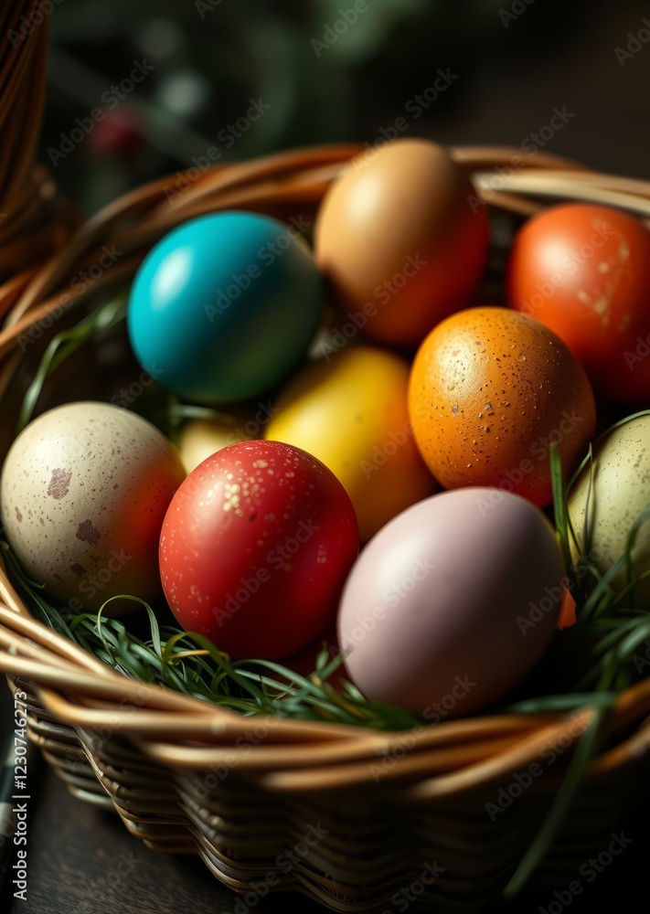 Naklejka premium Colored easter eggs in basket easter egg holiday illustration celebration easter