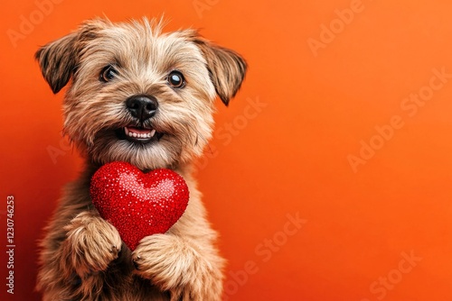 Soft-coated wheaten terrier - my beloved dog. Ad campaign creative. Cute soft-coated wheaten terrier doggy with sparkling rhinestones red heart - symbol of love, funny greeting card. Red heart. photo