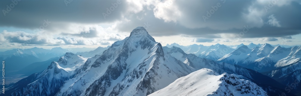 Snowy mountain peak panorama. High altitude view of snow-capped mountains. Dramatic sky with clouds. Winter landscape. Nature background. Majestic view of alpine range. Perfect for travel, tourism Snowy mountain peak panorama. High altitude view of snow-capped mountains. Dramatic sky with clouds. Winter landscape. Nature background. Majestic view of alpine range. Perfect for travel, tourism