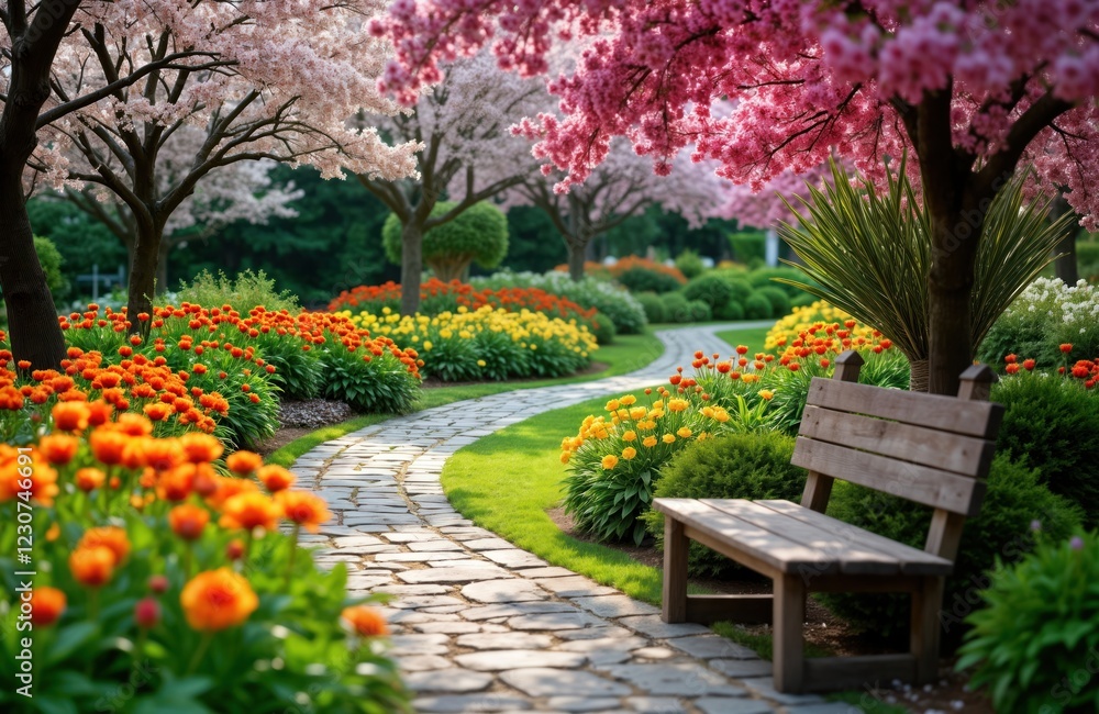 Scenic garden path winds through vibrant floral displays. Rich green plants borders pathway. Wooden bench invites relaxation. Colorful flowers blossom in spring season. Peaceful atmosphere. Perfect Scenic garden path winds through vibrant floral displays. Rich green plants borders pathway. Wooden bench invites relaxation. Colorful flowers blossom in spring season. Peaceful atmosphere. Perfect