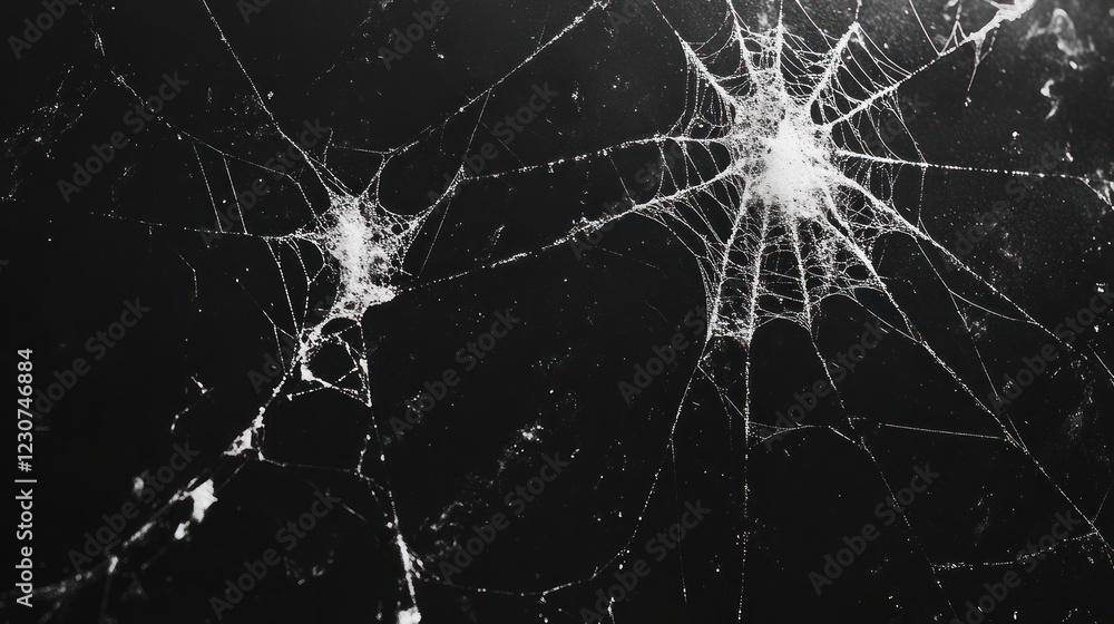 Close up view reveals numerous spider webs intricately woven across a dark surface in captivating designs Close up view reveals numerous spider webs intricately woven across a dark surface in captivating designs