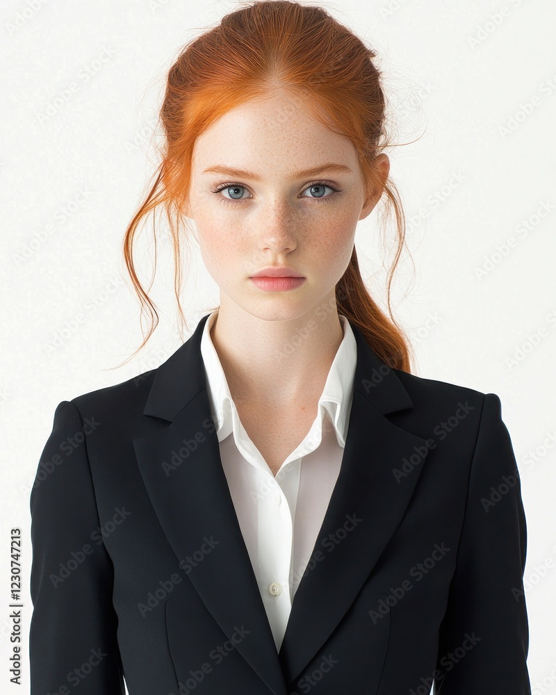 A young woman stands confidently in a business suit, showcasing her striking red hair and focused demeanor A young woman stands confidently in a business suit, showcasing her striking red hair and focused demeanor