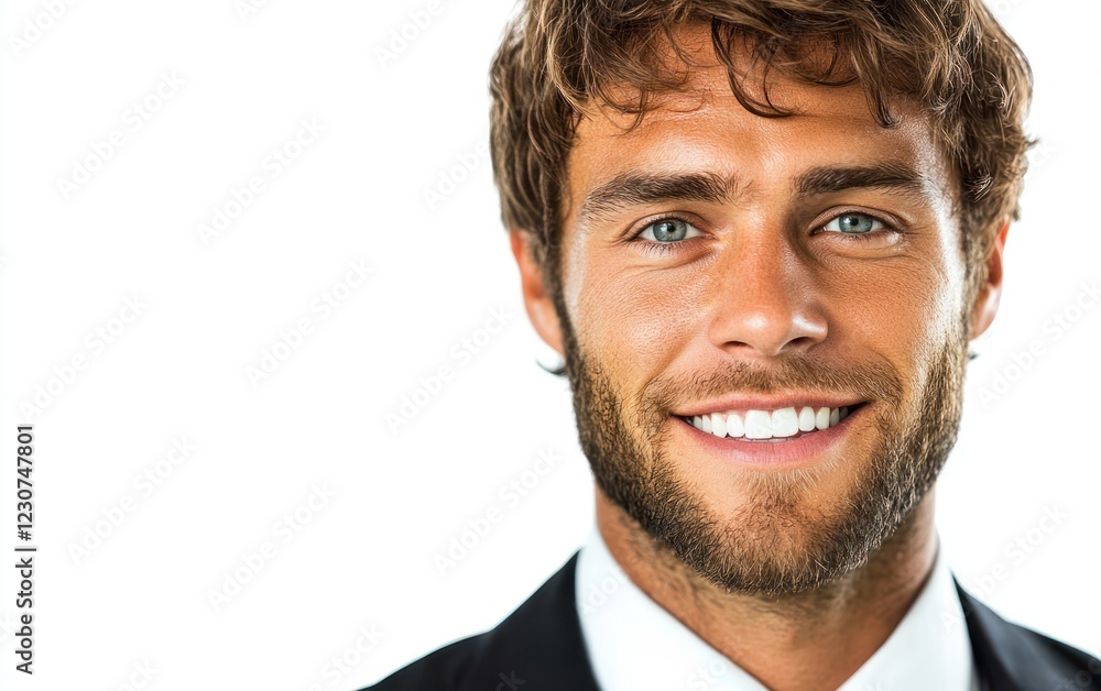 Man with blue eyes and a beard showcases a warm smile while dressed in a formal suit Man with blue eyes and a beard showcases a warm smile while dressed in a formal suit