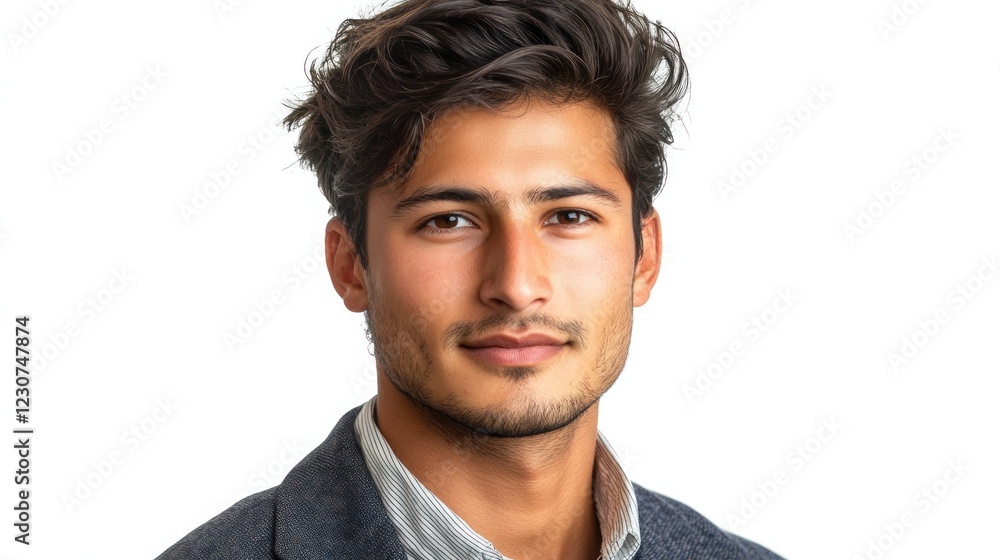 Young man displays a confident attitude with thick hair and a stylish outfit against a plain background Young man displays a confident attitude with thick hair and a stylish outfit against a plain background