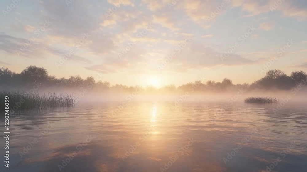 A serene sunrise over a tranquil lake, with mist rising from the water A serene sunrise over a tranquil lake, with mist rising from the water
