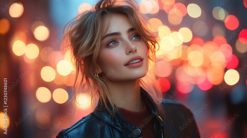 Young woman with tousled hair gazes upward, illuminated by city lights at dusk Young woman with tousled hair gazes upward, illuminated by city lights at dusk