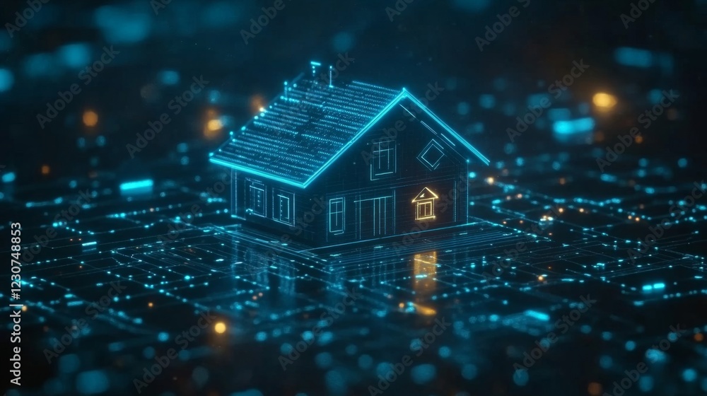 Glowing Digital House on Circuit Board Network Glowing Digital House on Circuit Board Network